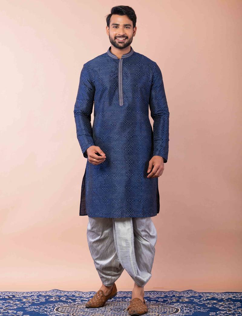 navy blue  kurta dhoti  set for men with embroidered work