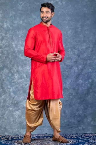 red dupion kurta dhoti  set for men with embroidered work