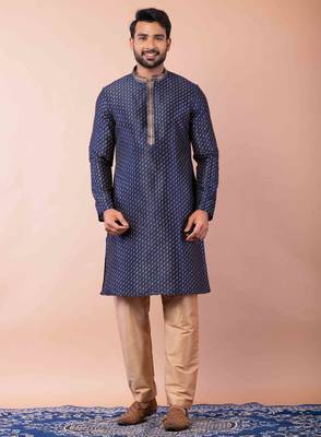 navy blue dupion kurta pyjama set for men with solid design 1