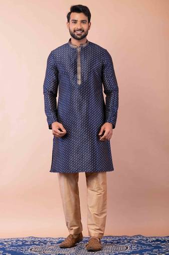 navy blue dupion kurta pyjama set for men with solid design