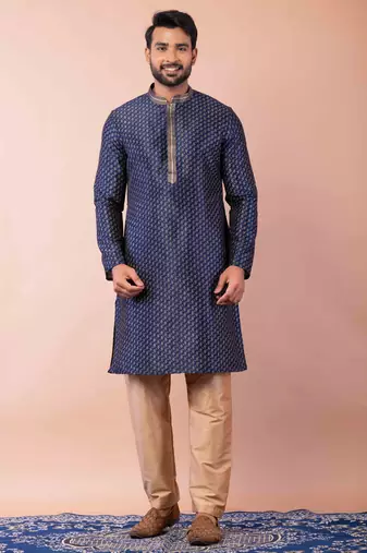 navy blue dupion kurta pyjama set for men with solid design