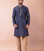 navy blue dupion kurta pyjama set for men with solid design