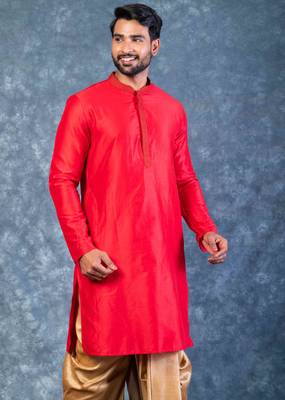 red dupion kurta dhoti  set for men with embroidered work 3