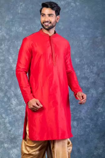 red dupion kurta dhoti  set for men with embroidered work