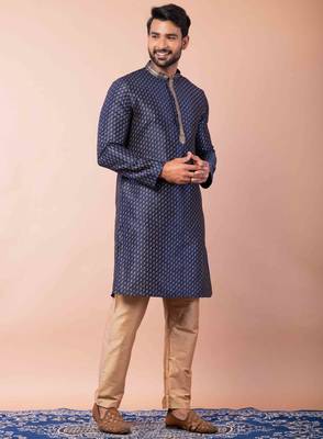 navy blue dupion kurta pyjama set for men with solid design 2