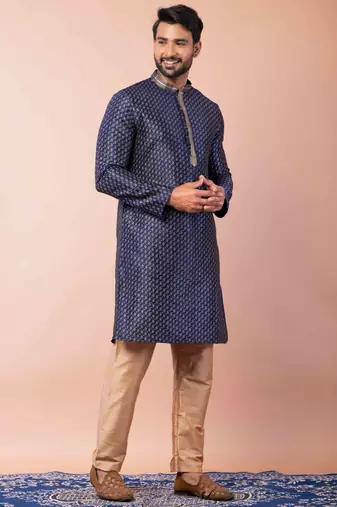 navy blue dupion kurta pyjama set for men with solid design