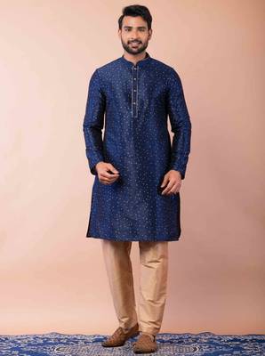 navy blue dupion kurta pyjama set for men with solid design 1