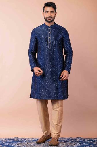 navy blue dupion kurta pyjama set for men with solid design