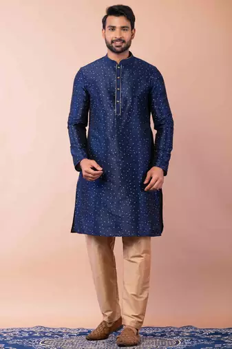navy blue dupion kurta pyjama set for men with solid design