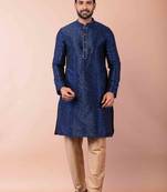 navy blue dupion kurta pyjama set for men with solid design