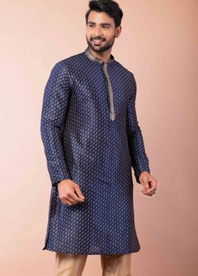 navy blue dupion kurta pyjama set for men with solid design 3