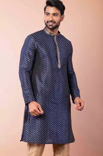 navy blue dupion kurta pyjama set for men with solid design