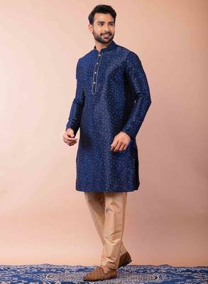 navy blue dupion kurta pyjama set for men with solid design 2