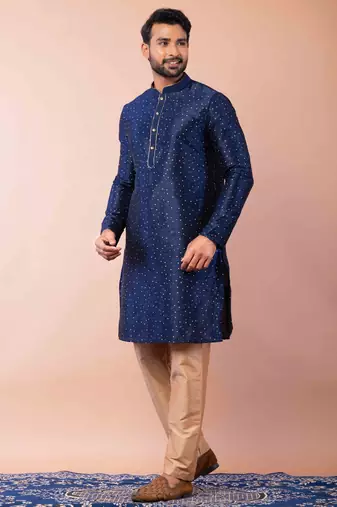 navy blue dupion kurta pyjama set for men with solid design