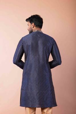 navy blue dupion kurta pyjama set for men with solid design 4