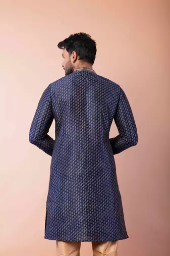 navy blue dupion kurta pyjama set for men with solid design