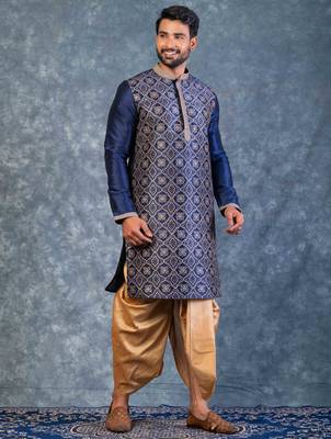 navy blue  kurta dhoti  set for men with embroidered work 1