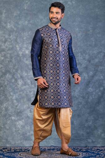 navy blue  kurta dhoti  set for men with embroidered work