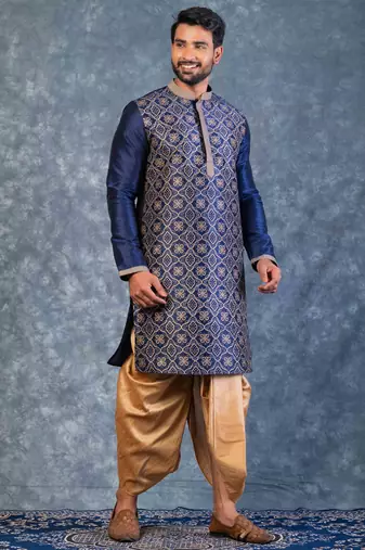 navy blue  kurta dhoti  set for men with embroidered work