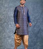 navy blue  kurta dhoti  set for men with embroidered work