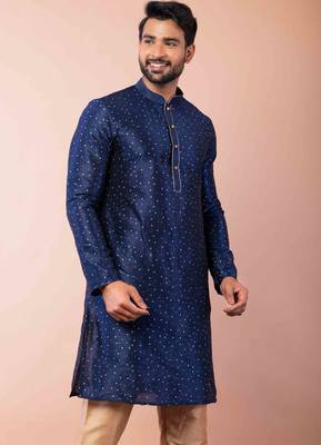 navy blue dupion kurta pyjama set for men with solid design 3