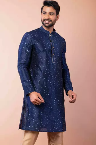 navy blue dupion kurta pyjama set for men with solid design