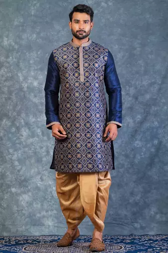 navy blue  kurta dhoti  set for men with embroidered work