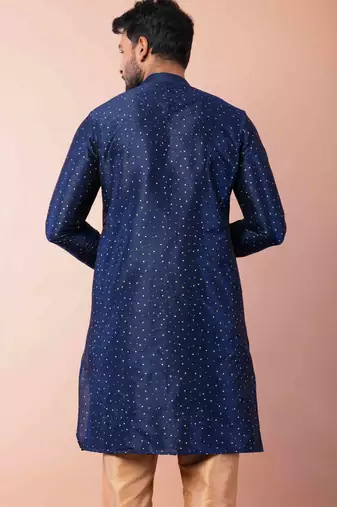 navy blue dupion kurta pyjama set for men with solid design