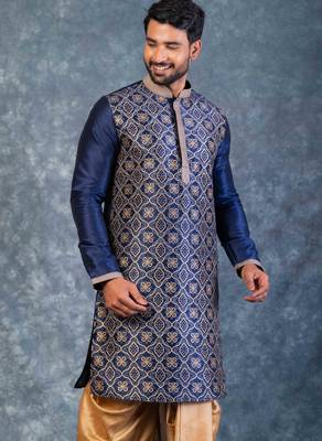 navy blue  kurta dhoti  set for men with embroidered work 3