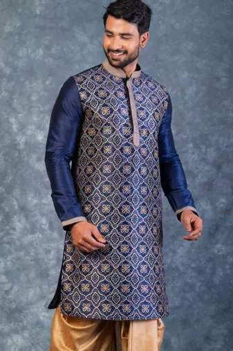 navy blue  kurta dhoti  set for men with embroidered work