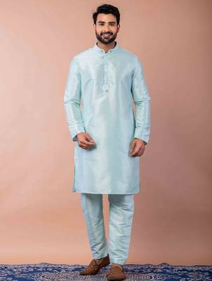 sky blue dupion kurta pyjama set for men with printed design 1