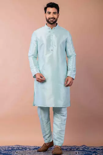 sky blue dupion kurta pyjama set for men with printed design