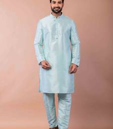 sky blue dupion kurta pyjama set for men with printed design