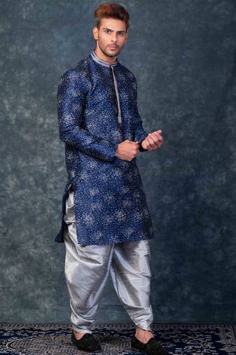 navy blue  kurta dhoti  set for men with embroidered work