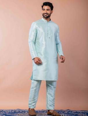 sky blue dupion kurta pyjama set for men with printed design 2