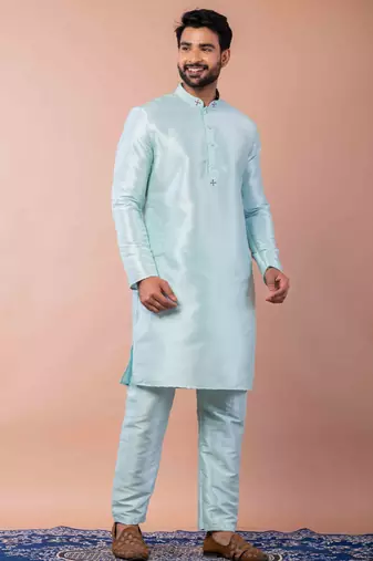 sky blue dupion kurta pyjama set for men with printed design