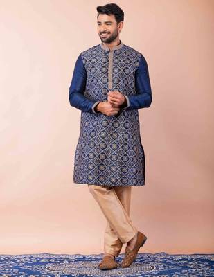 navy blue dupion kurta pyjama set for men with solid design 1