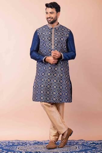 navy blue dupion kurta pyjama set for men with solid design