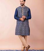 navy blue dupion kurta pyjama set for men with solid design