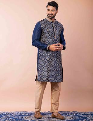 navy blue dupion kurta pyjama set for men with solid design 2