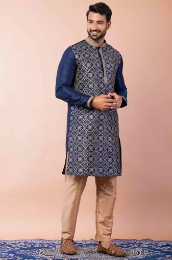 navy blue dupion kurta pyjama set for men with solid design