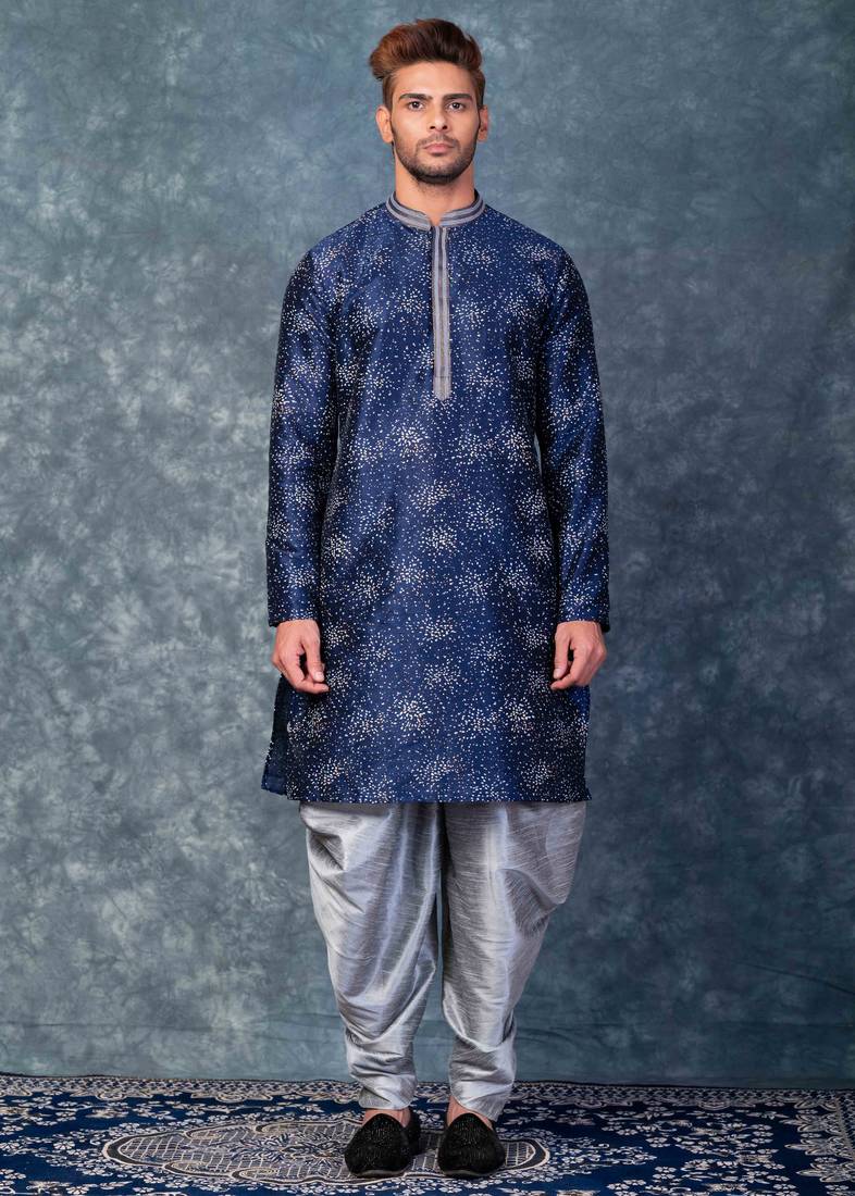 navy blue  kurta dhoti  set for men with embroidered work