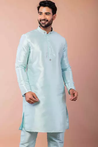 sky blue dupion kurta pyjama set for men with printed design