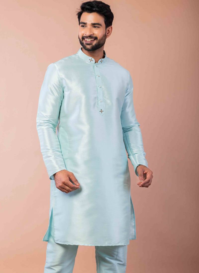 sky blue dupion kurta pyjama set for men with printed design