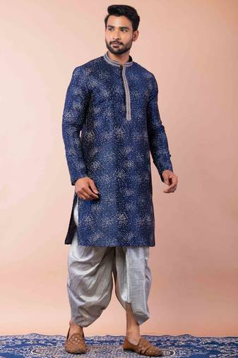 navy blue  kurta dhoti  set for men with embroidered work