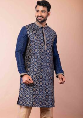 navy blue dupion kurta pyjama set for men with solid design 3