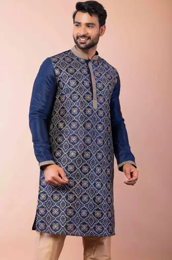 navy blue dupion kurta pyjama set for men with solid design