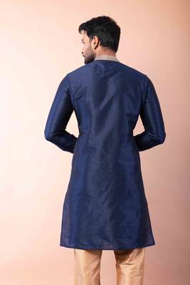 navy blue dupion kurta pyjama set for men with solid design 4