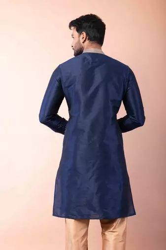 navy blue dupion kurta pyjama set for men with solid design