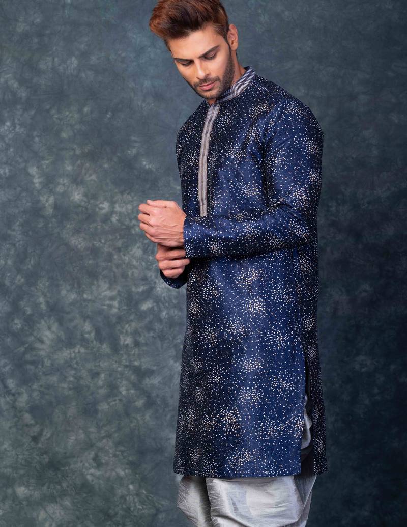 navy blue  kurta dhoti  set for men with embroidered work